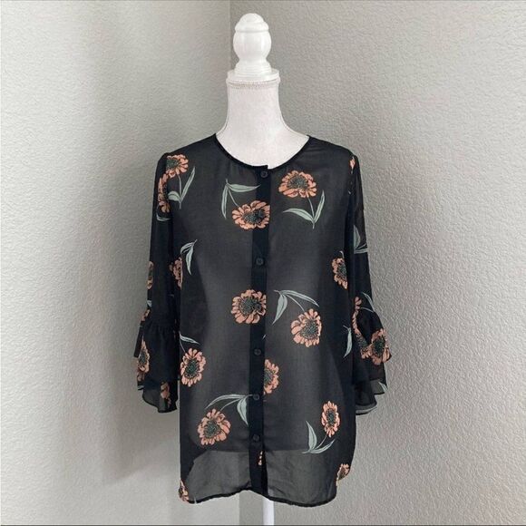 Cabi Black La Di Da Floral Bell Sleeve Button Down Chiffon Blouse Small - Picture 2 of 10